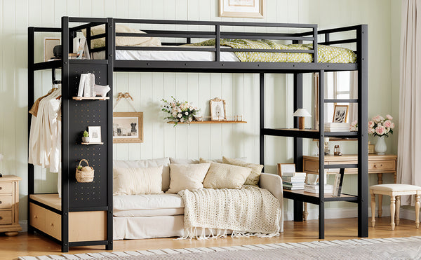 English Elm Full Size Pine Loft Bed House Frame with Slide Bookshelves and Moon Star Rails W1580S00590
