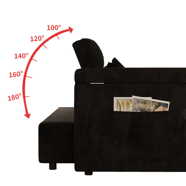 English Elm 65-inch Velvet Convertible Sleeper Sofa with Usb Port Storage Armrests Adjustable Back Black W2564S00114