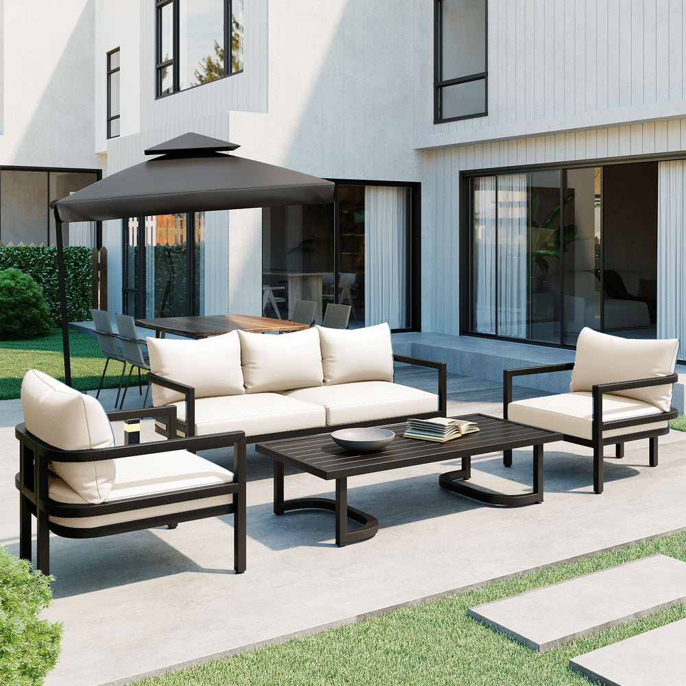 English Elm U_style 5 Seat Steel Patio Sofa Set Eucalyptus Wood Table Weatherproof Outdoor Seating Beige WY000470AAA