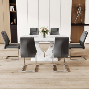 English Elm Table And Chair Set - Modern Marble Pattern Mdf Dining Table With 6 Dark Gray Pu Chairs, Ergonomic Comfort W1151S02186-GIGA