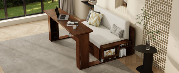 English Elm Full Size Daybed with Hydraulic Desk Armrests Storage Drawer and Sofa Seating Espresso LT000271AAP