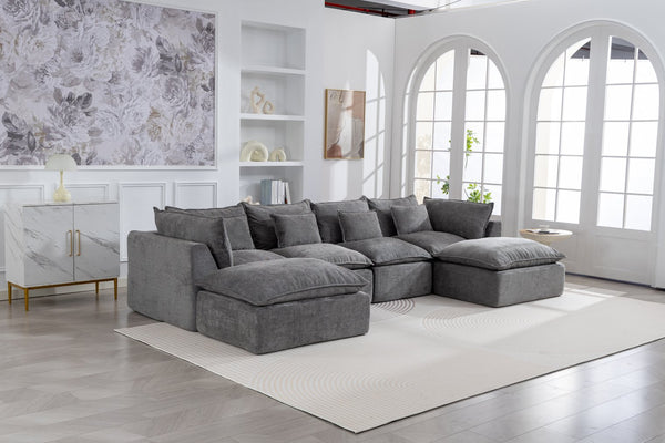 English Elm 129.8" Wide Modular Cloud Sectional Cotton Linen Sofa with Deep Foam Seats and Ottomans Antique Grey W2530S00015