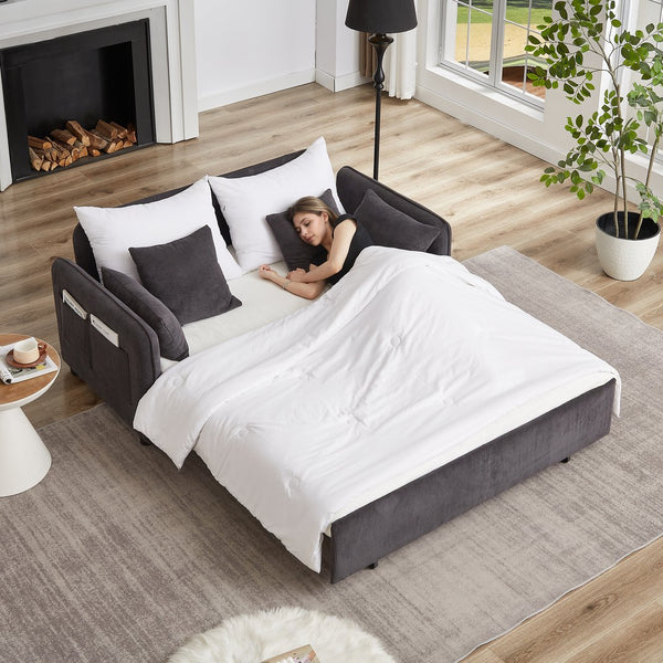 English Elm FX'' 66 Inch Sleeper Sofa Bed 3-in-1 Convertible Pullout Sofa with Plush Corduroy, 4 Pillows, Pockets DARK GREY W1926S00060