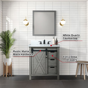 English Elm Ash Grey Bath Vanity 30x22 with White Quartz Top, Matte Black Faucet, 28in Mirror, Scratch-Resistant Finish B2731S01275