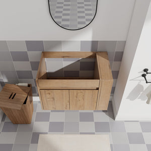 English Elm 30 Inch Wall Mounted Bathroom Vanity with Open Shelf Hardware Free Handle Design W99956039