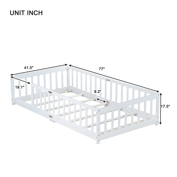 English Elm Twin Size Floor Bed With Safety Guardrails - Durable Rubberwood, Minimalist White Design For Kids W504P286396-GIGA