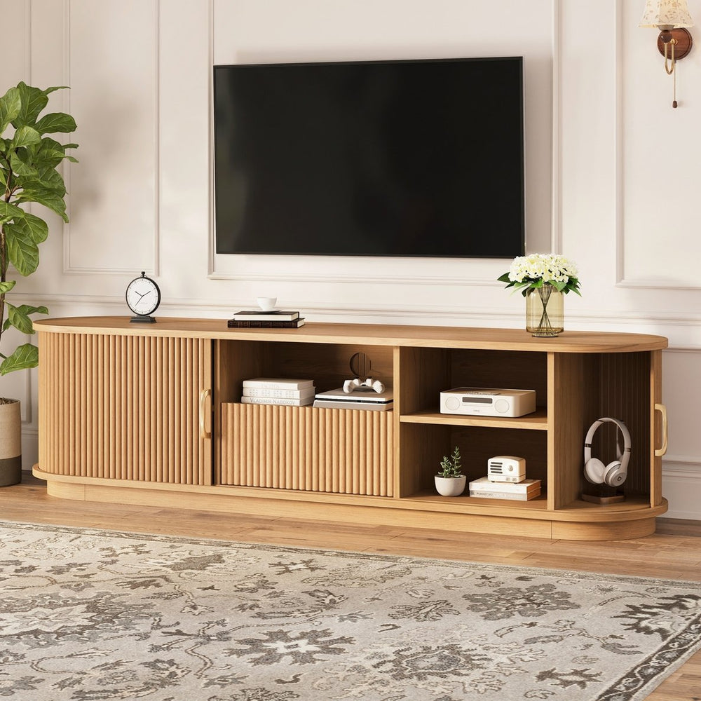 English Elm Vintage Farmhouse Media Console with Slatted Sliding Doors and Brass Hardware for Living Room Natural N721P427206D