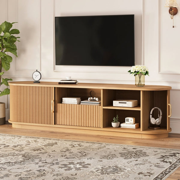 English Elm Vintage Farmhouse Media Console with Slatted Sliding Doors and Brass Hardware for Living Room Natural N721P427206D