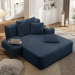 English Elm Luxurious Corduroy Convertible Chaise Lounge Sofa Bed with Storage and Coil Spring Foam Blue W3219P483087