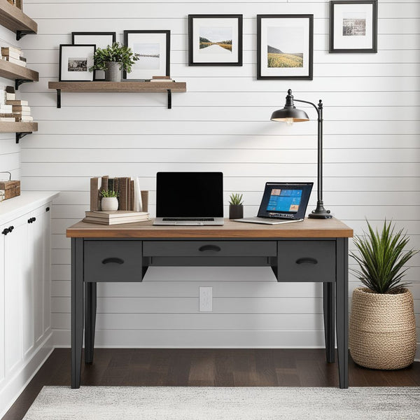 English Elm 53 Inch Writing Desk Fully Assembled Two-Tone Black & Whiskey Farmhouse Office Desk with Drawers, Rustic Charm - Ready to Use B108P160151