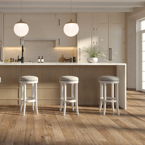 English Elm 31in. Backless Swivel Barstool Solid Wood Curved Legs Upholstered Seat Bar Kitchen White B2751P436425