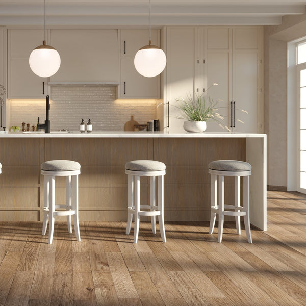 English Elm 31in. Backless Swivel Barstool Solid Wood Curved Legs Upholstered Seat Bar Kitchen White B2751P436425