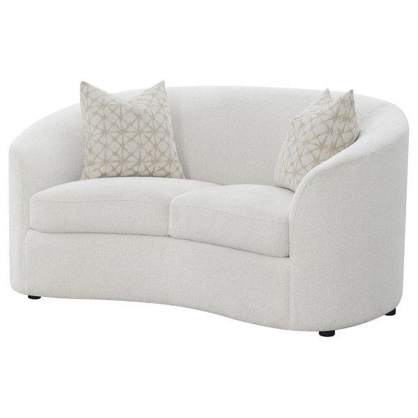 English Elm Rory Curved Latte Bouclé Loveseat with Sloped Arms and Down-Filled Pillows — Vintage Glam Seating B062P358090