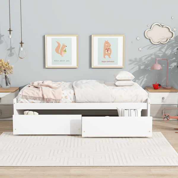 English Elm Twin Twin Size Bed with 2 Drawers Solid Rubber Wood Frame, Space-Saving Storage and Easy Assembly White W504P313037