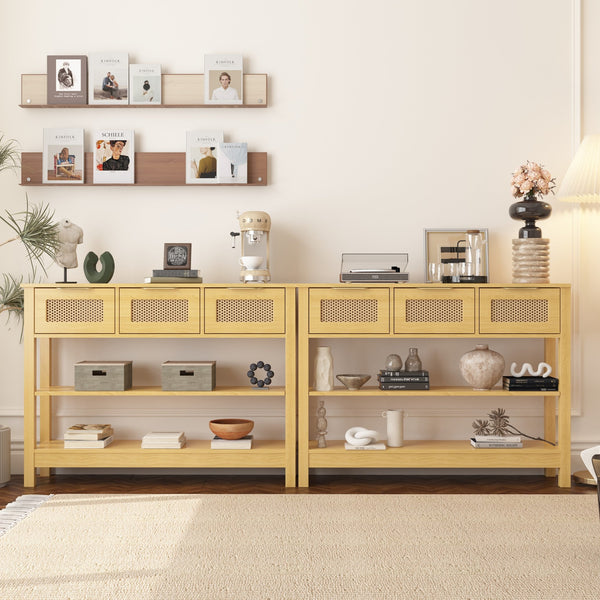 English Elm 43.3" Farmhouse Console Table Rattan Drawer Fronts Open Shelving Entryway Storage Natural Wood T3210P426416
