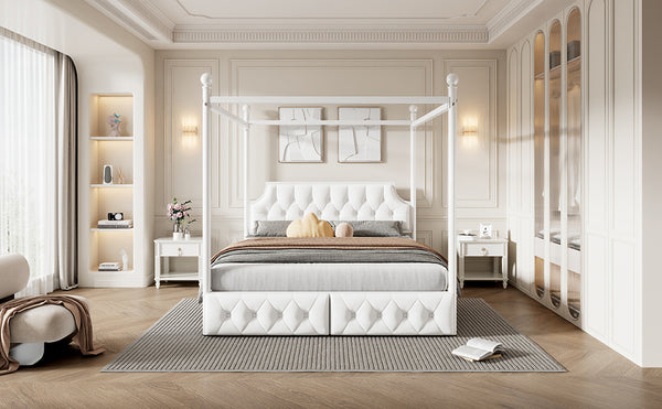 English Elm Queen Metal Canopy Platform Bed with Upholstered Velvet Headboard, Built-In Storage Drawers, White Elegance DL000656AAK