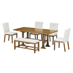 English Elm TOPMAX 76-inch Extendable Trestle Dining Set with 18" Removable Leaf, Upholstered Chairs & Bench Dark Brown SP000048AAD