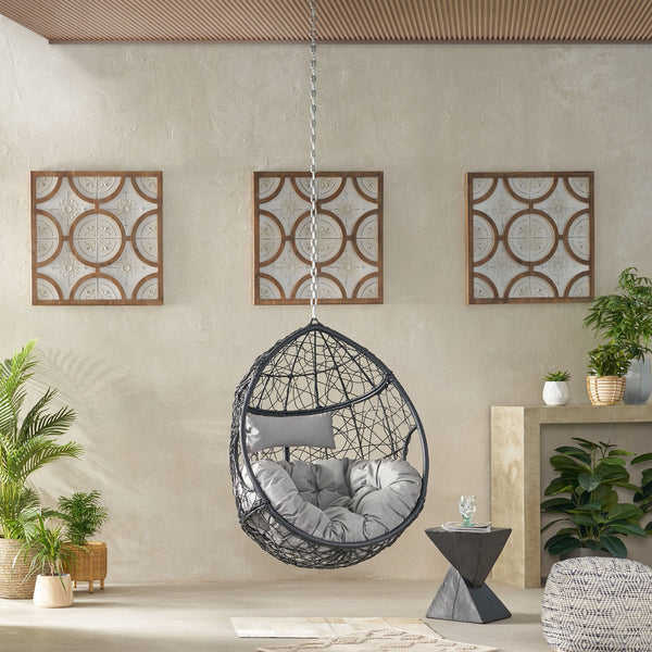 English Elm Christopher Knight Home® - CASTAIC Teardrop Hanging Chair with 8ft Chain — Durable PE Rattan, Water-Resistant Cushions, Cozy Lounging Grey+Black 70772.00