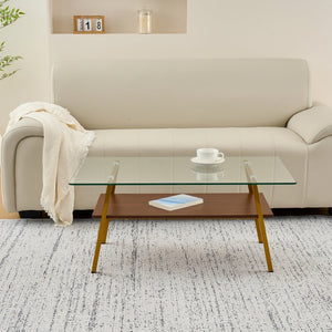 English Elm Rectangle Coffee Table - Modern Tempered Glass Top With Gold Metal Legs For Chic Living Room Style W241126033-GIGA