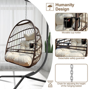 English Elm Swing Egg Chair with Stand - Foldable Wicker Rattan Hanging Basket, Safety Guardrail & Cup Holder beige brown W2707P184390