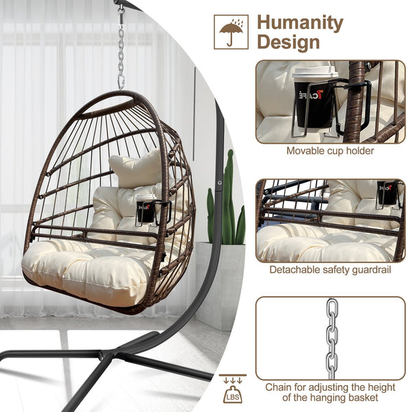 English Elm Swing Egg Chair with Stand - Foldable Wicker Rattan Hanging Basket, Safety Guardrail & Cup Holder beige brown W2707P184390