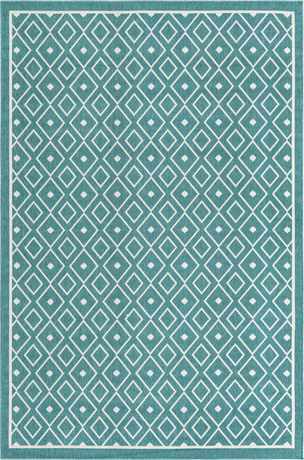 Unique Loom Outdoor Trellis Kafes Machine Made Geometric Rug Teal, Ivory 6' 1" x 9' 0"