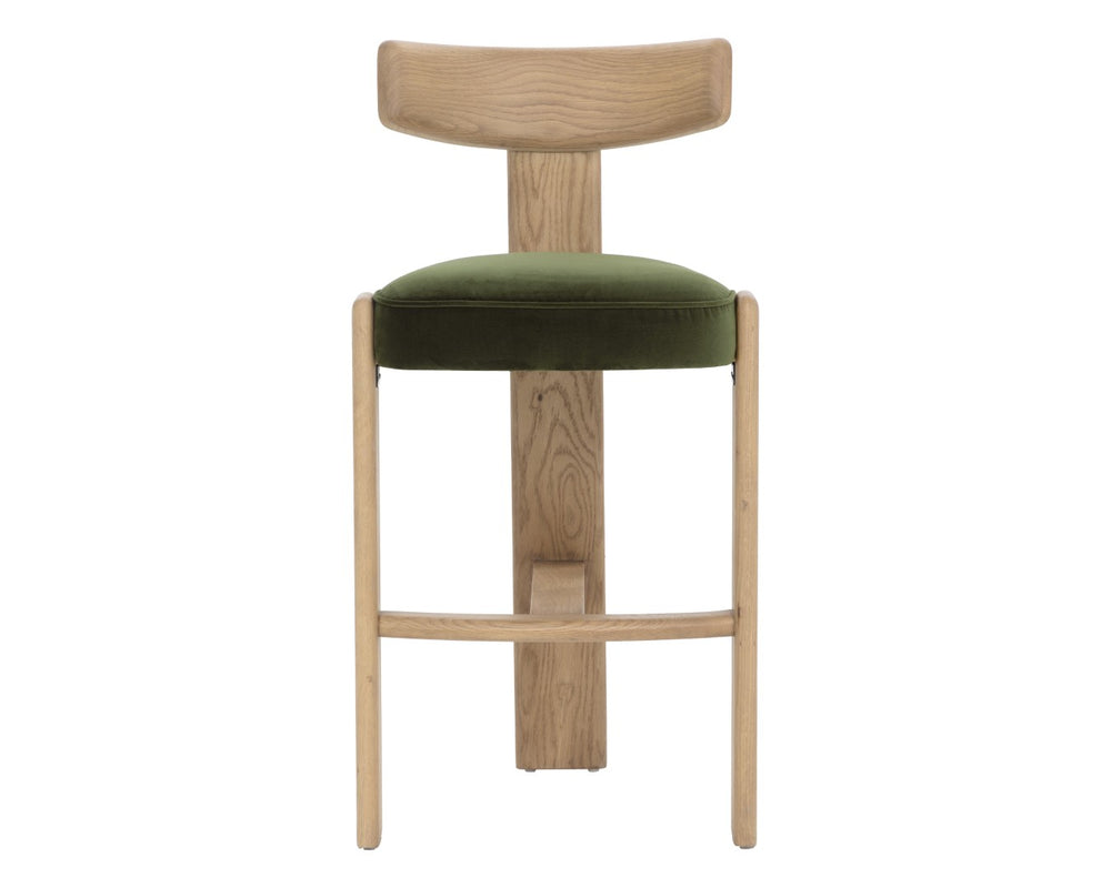 Sunpan HORTON Barstool - Rustic Oak Frame with Forest Green Upholstery for Modern Dining & Bar Spaces 112396