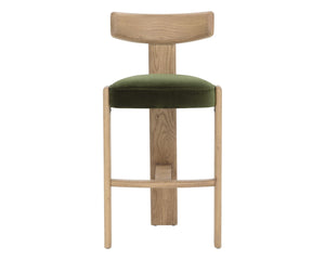 Sunpan HORTON Barstool - Rustic Oak Frame with Forest Green Upholstery for Modern Dining & Bar Spaces 112396