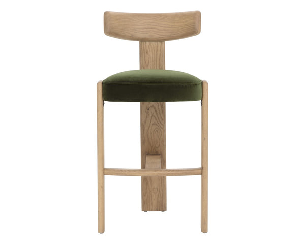 Sunpan HORTON Barstool - Rustic Oak Frame with Forest Green Upholstery for Modern Dining & Bar Spaces 112396