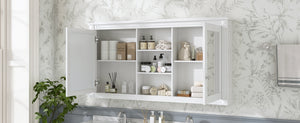 English Elm 55 Inch Wall Mount Medicine Cabinet Dual Mirrored Doors Soft Close Bathroom Vanity Storage White N710P401342K