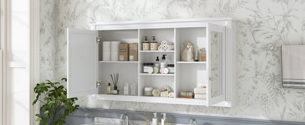 English Elm 55 Inch Wall Mount Medicine Cabinet Dual Mirrored Doors Soft Close Bathroom Vanity Storage White N710P401342K
