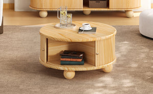 English Elm Round Fluted Pine Wood Coffee Table with Hidden Sliding Door Storage for Living Room Natural N735P369879N