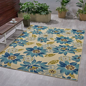 Christopher Knight Home® - Noble House - Wildwood Outdoor 7'10" X 10' Floral Area Rug, Ivory and Blue