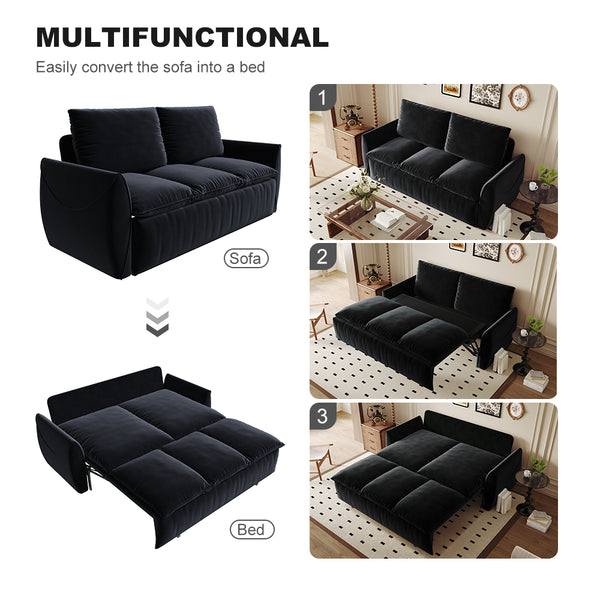 English Elm 70.9" Multi-Functional Convertible Sleeper Sofa Bed with 2-in-1 Pillow & Blanket Set, Velvet loveseat Black W1885P263564