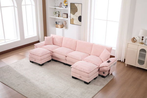 English Elm Sectional Modular Cloud Sofa Deep Corduroy Upholstered Comfort for Living Room Studio Pink W395S00134