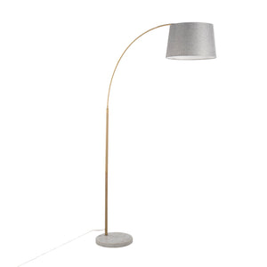 English Elm March Contemporary Floor Lamp - Elegant White Marble Base, Antique Brass Arc & Grey Linen Shade B202S01371