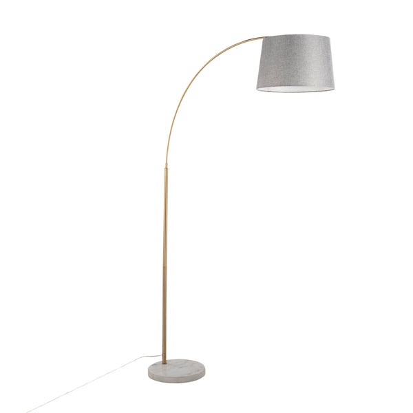 English Elm March Contemporary Floor Lamp - Elegant White Marble Base, Antique Brass Arc & Grey Linen Shade B202S01371