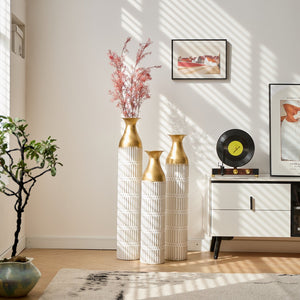 English Elm Floor White Metal Vases Set of 3 — Tall Glazed Cylinder Decor with Hammered Gold Trim, 24/28.7/33.5in W2796P193943