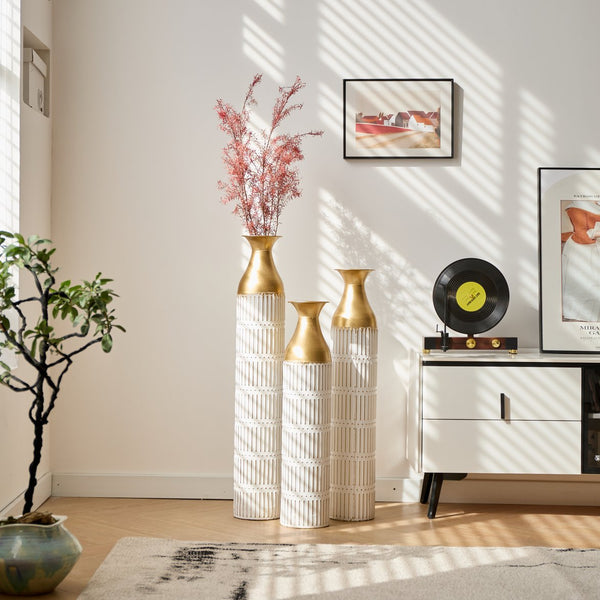 English Elm Floor White Metal Vases Set of 3 — Tall Glazed Cylinder Decor with Hammered Gold Trim, 24/28.7/33.5in W2796P193943