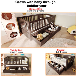 English Elm Convertible Toddler Daybed Solid Pine Kids Bed with Storage Drawers and Removable Rails Espresso N899P429848N