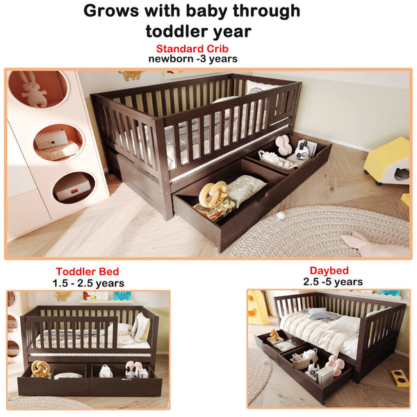 English Elm Convertible Toddler Daybed Solid Pine Kids Bed with Storage Drawers and Removable Rails Espresso N899P429848N