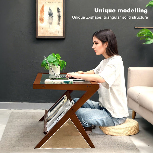 English Elm Rattan Mid Century Bamboo Coffee Table with Tempered Glass Top, Z-Frame Storage Shelf, Brown Finish W3101P314783