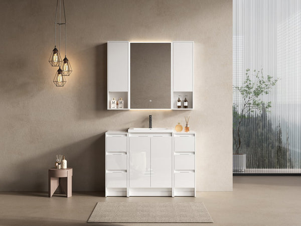 English Elm 48" Freestanding Bathroom Vanity With Resin Sink & Ample Storage, Soft-Close Doors, Glossy White Finish W999S00426