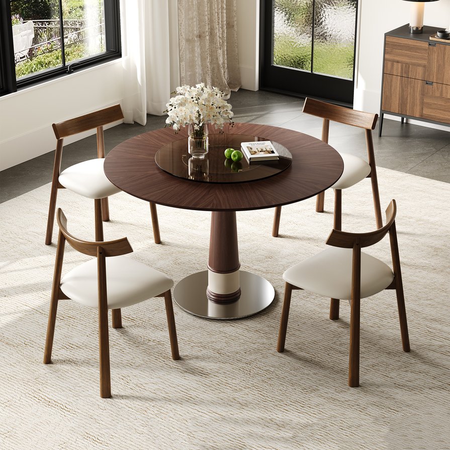 English Elm Retractable Rock Slab Dining Set with Leather Wrapped Base for Compact Apartments W2700S00133