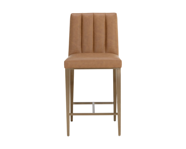 Sunpan Wilbur Barstool - Minimalist Design in Milliken Cognac Faux Leather with Stylish Stainless Steel Legs Counter Height