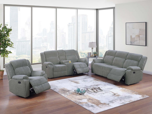 English Elm Sofa Smoke Fur-Like Corduroy 3PC Motion Set w Console & Manual Recliners — Plush Modern Comfort B011S01730