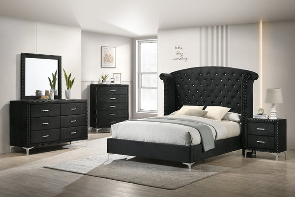 English Elm 1pc Glam Upholstered Queen Bed with Velvet Wingback Headboard, Diamond Tufting & Nailhead Trim Black 96.06 L x 43.9 W x 2.76 H B011S01662