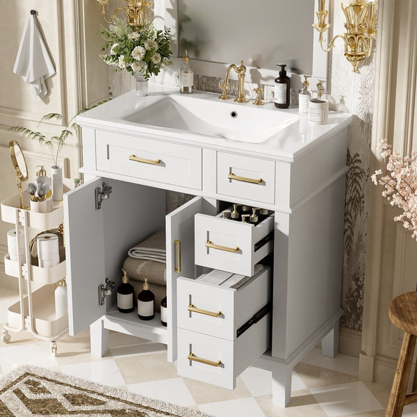 English Elm 30" Bathroom Vanity with Ceramic Sink and Deep Storage, Soft-Close Doors, Gold Handles, Durable Wood Frame White N729P276610K