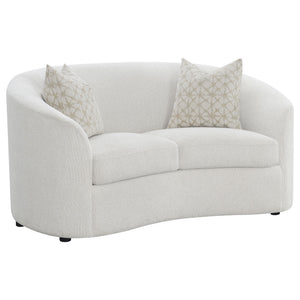 English Elm Rory Curved Latte Bouclé Loveseat with Sloped Arms and Down-Filled Pillows — Vintage Glam Seating B062P358090