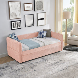 English Elm Daybed Boucle Upholstered Tufted Twin Trundle Sofa for Guest Bedroom Studio Lounge Pink W1413S00172